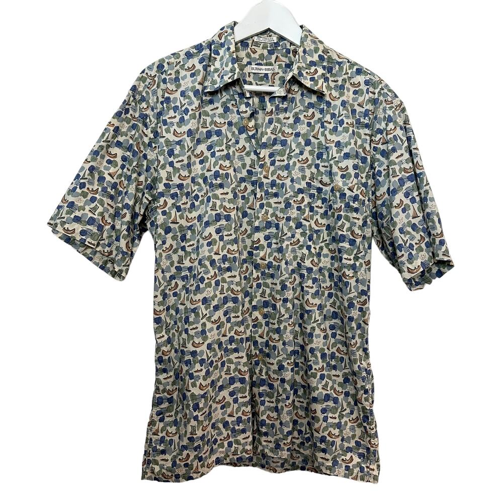 Vintage 90s Burma Bibas Patterned Shirt Short Sleeve Button Down Boating Medium